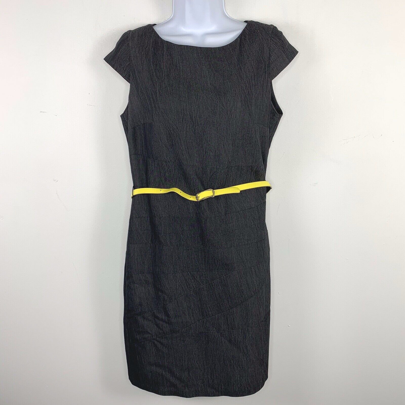 AGB Dress Black sz 8 Cap Sleeve Sheath Yellow Belt Career Classic City Chic