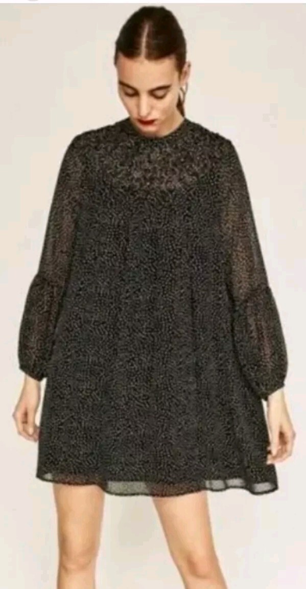 ZARA Collection Smocked High Neck Black/Ivory Polka Dot Dress Long Sleeve Size S