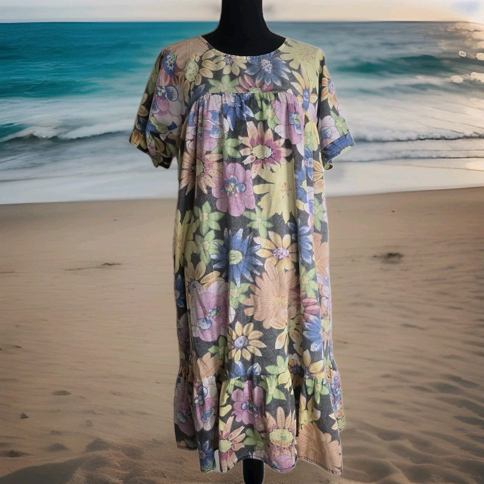 Vintage Metropolitan Muumuu Mumu Midi Dress Medium Pockets Floral Tropical Boho