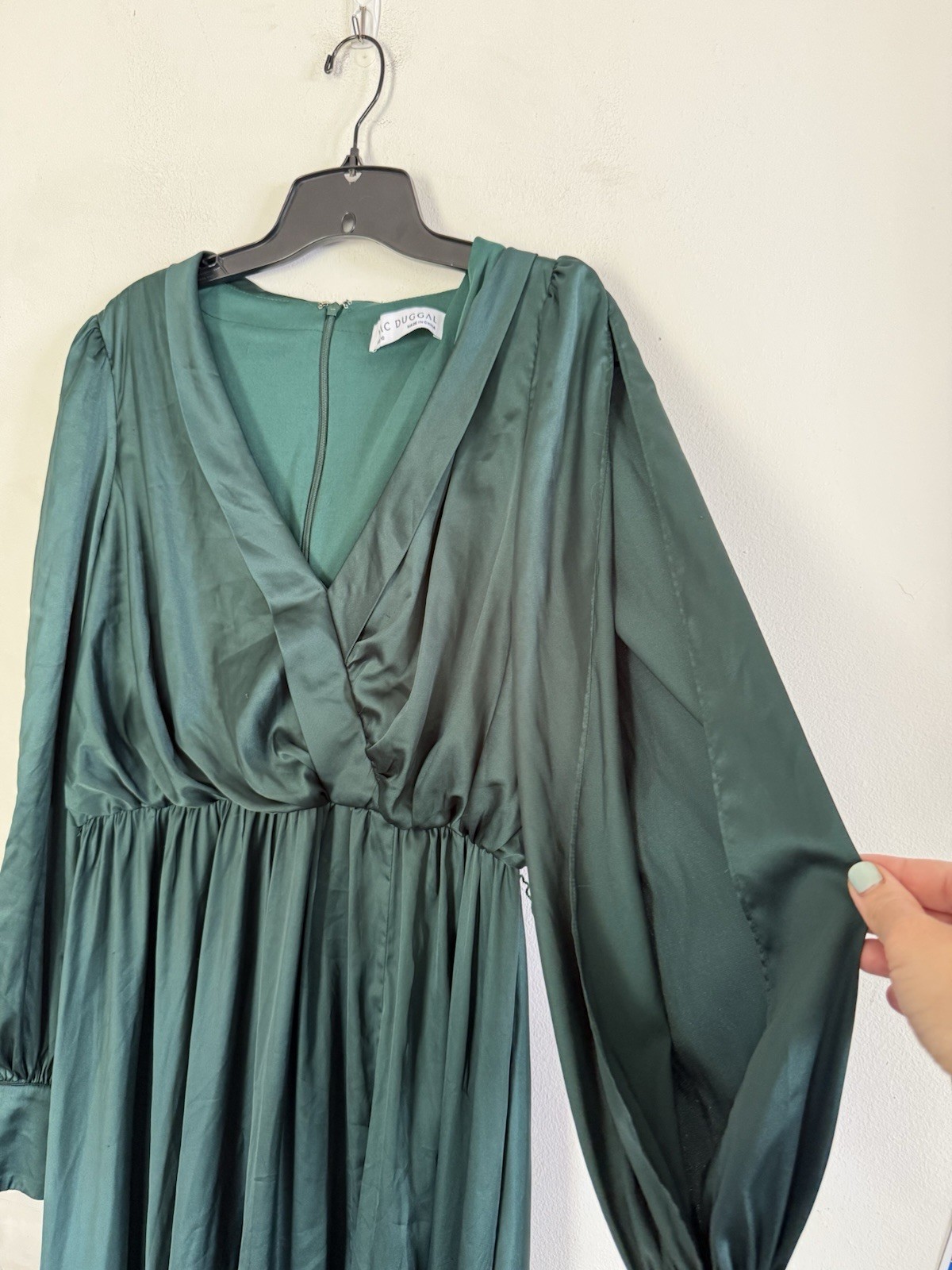 Mac Duggal Womens Emerald Green Satin Cinched Waist Dress, Bishop Sleeve, US 10