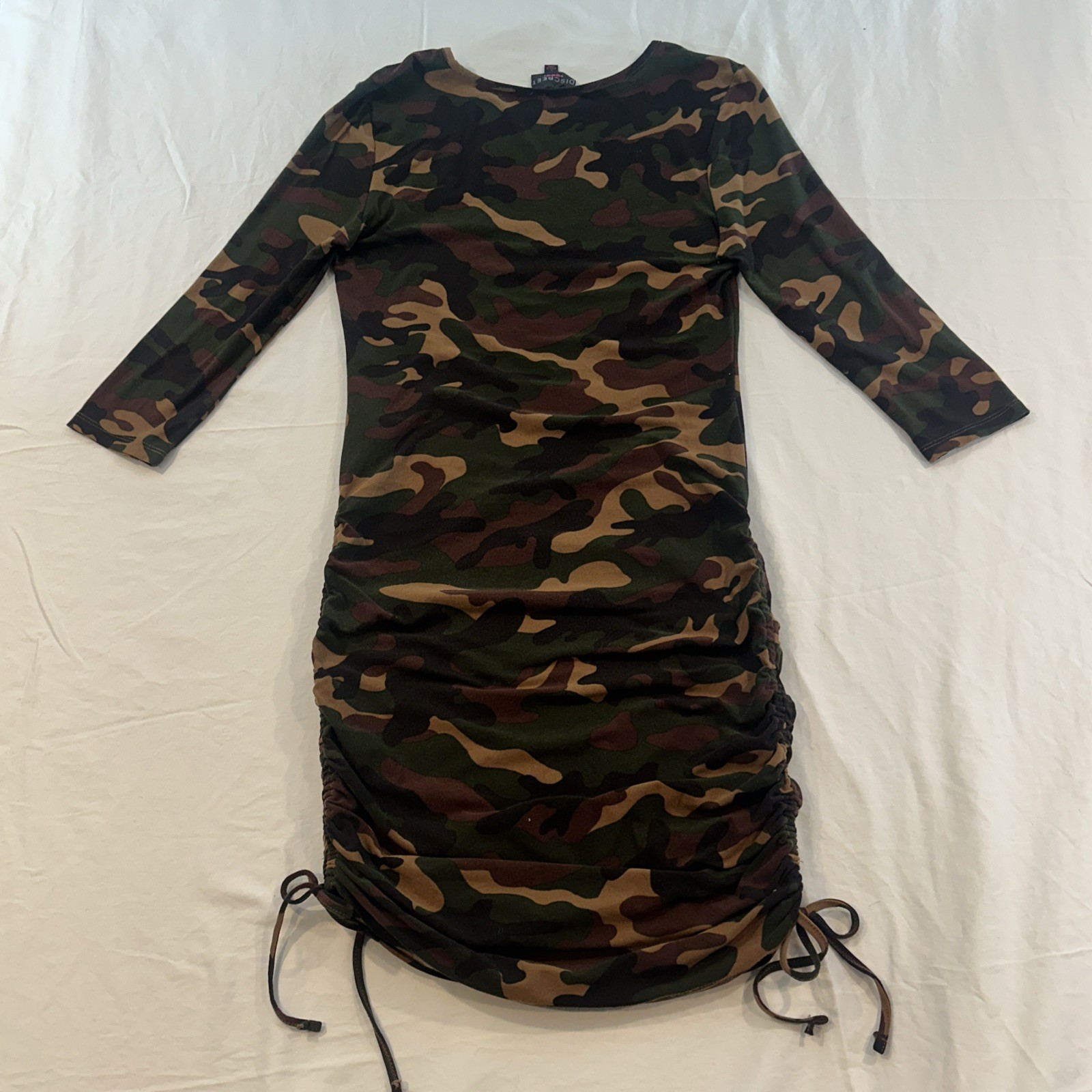 Edgy Alternative Bodycon Fitted Camo Dress Womens L Long Sleeve Ruched Discreet