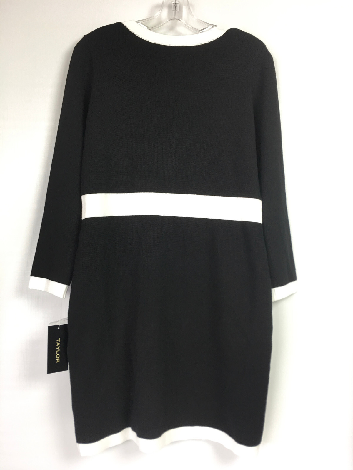 Taylor Womens Large Sweater Dress Bow Front Black Ivory Pearl Button Mini NEW