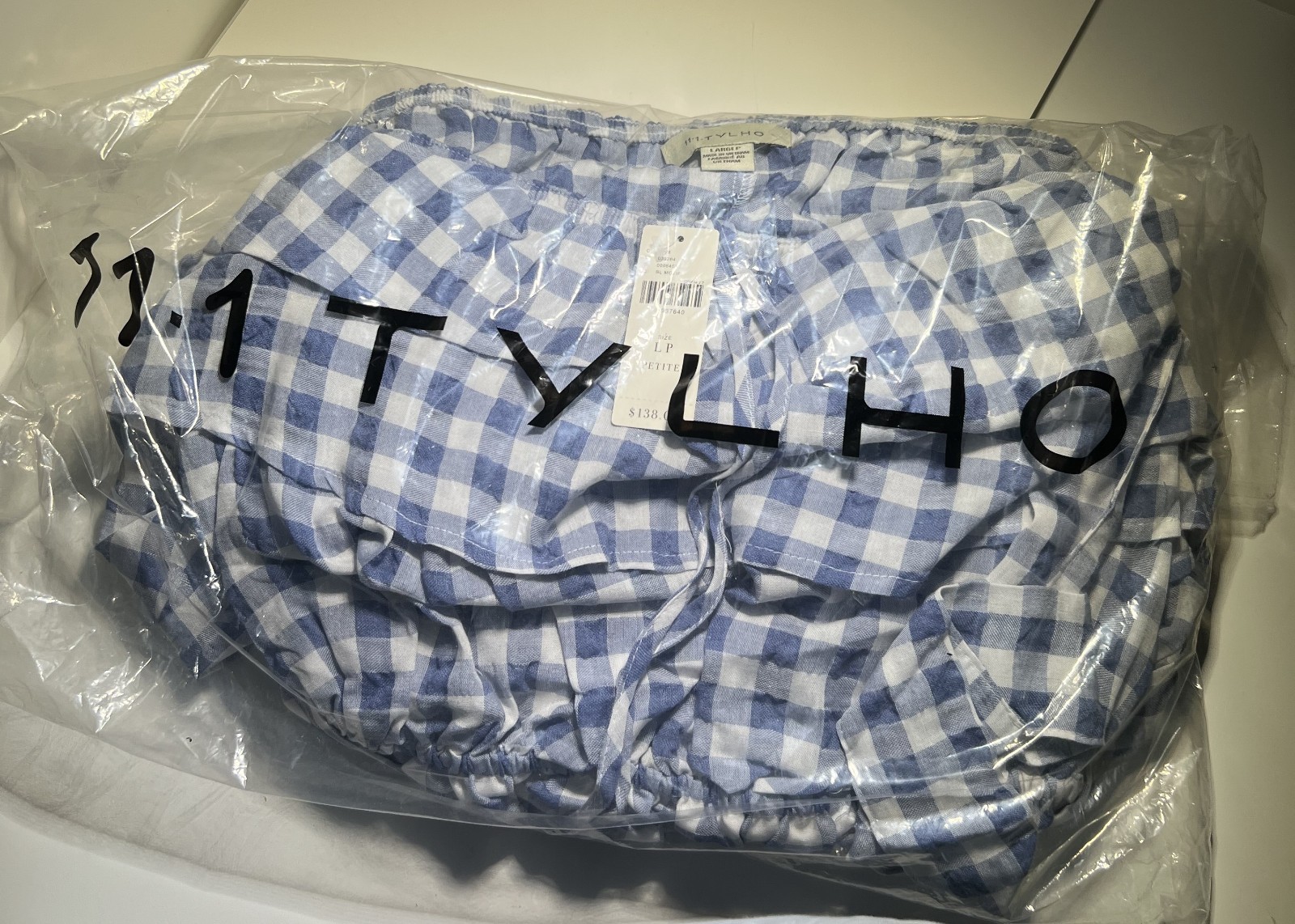 Anthropologie 11-1 Tylho Off-The-Shoulder Dress Gingham Blue SZ Petite LG NWT