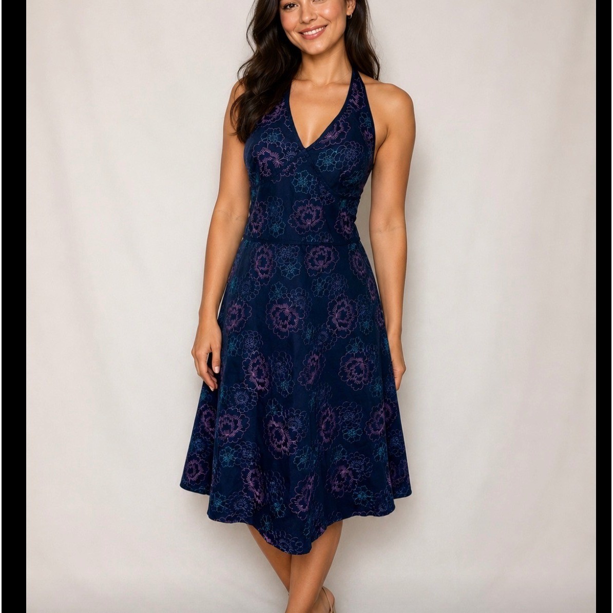 Amanda Smith Petite Vintage Y2K Navy Floral Embroidered Halter Dress 10P Cotton