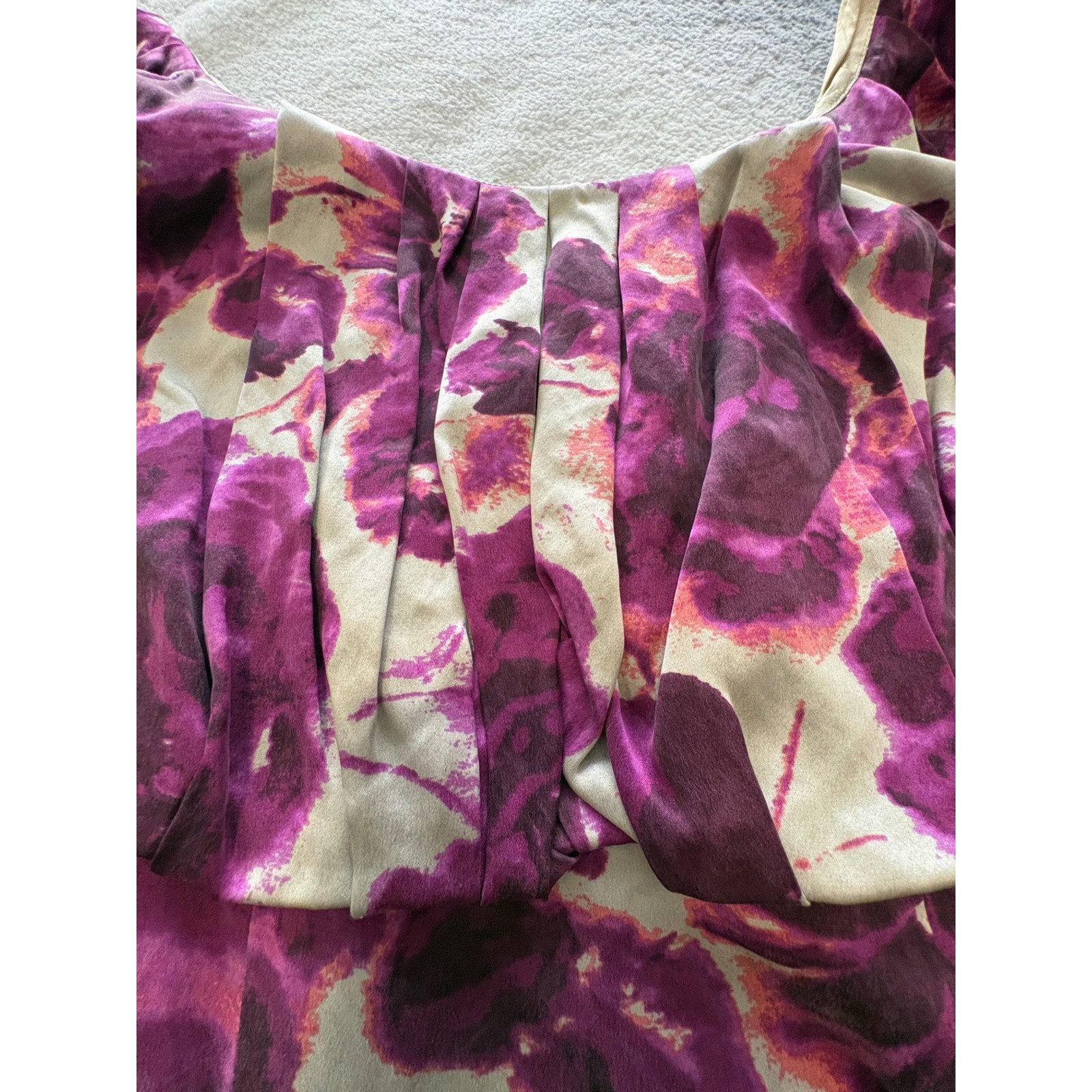 (B5) Moda International Silk Purple Floral Rose Puff Sleeve Midi Dress 14 NWOT