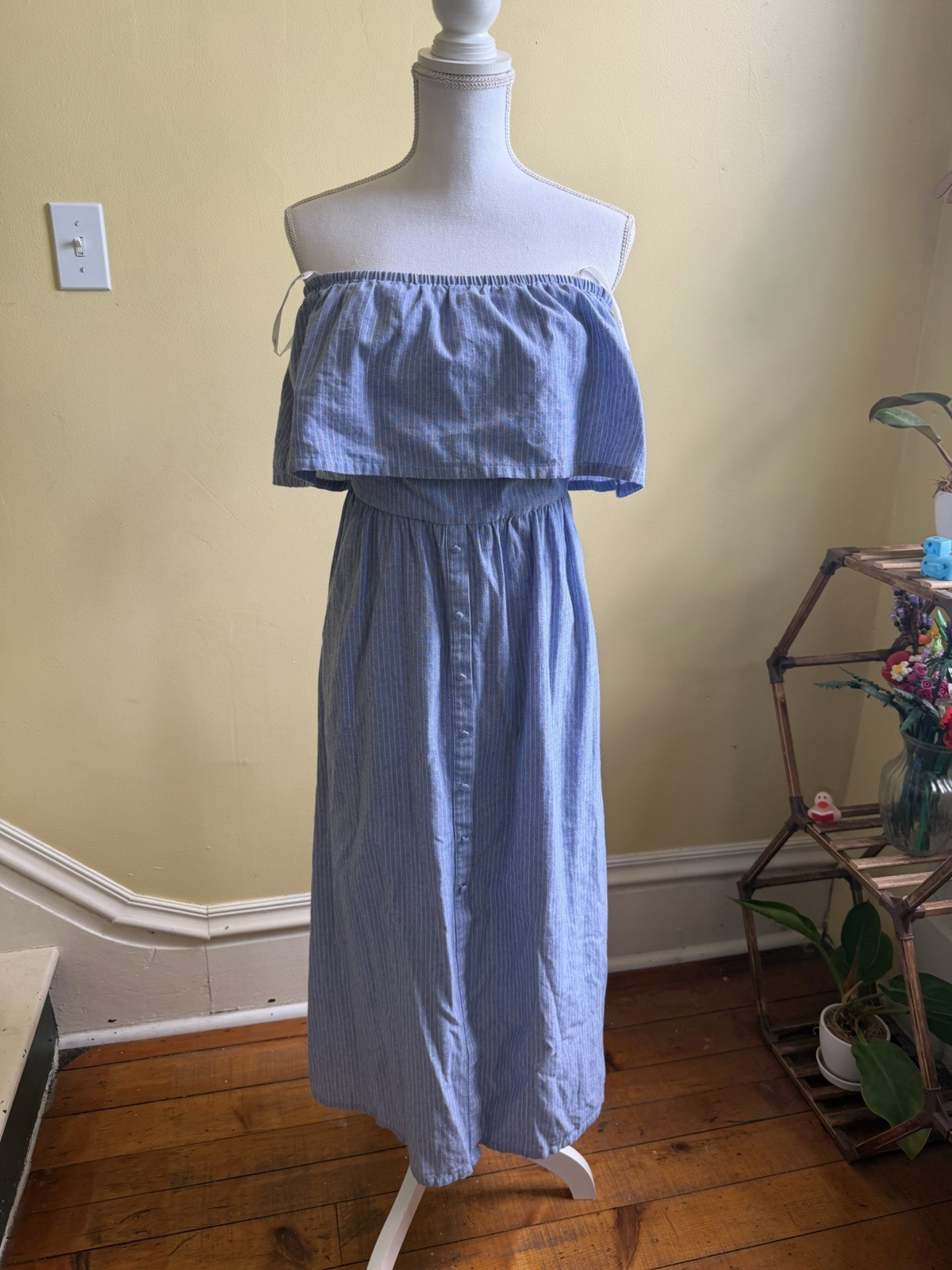 J.O.A. Off-Shoulder Blue/White Striped Wide-Leg Jumpsuit Cotton Size L