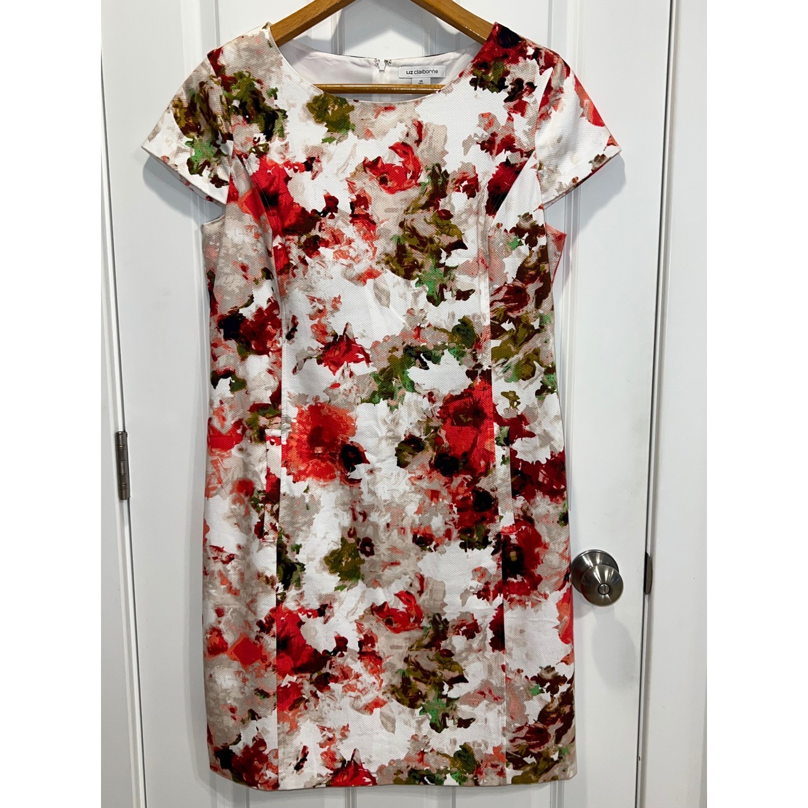 Liz Claiborne Floral Dress Women’s 14 White Red Green Career Party