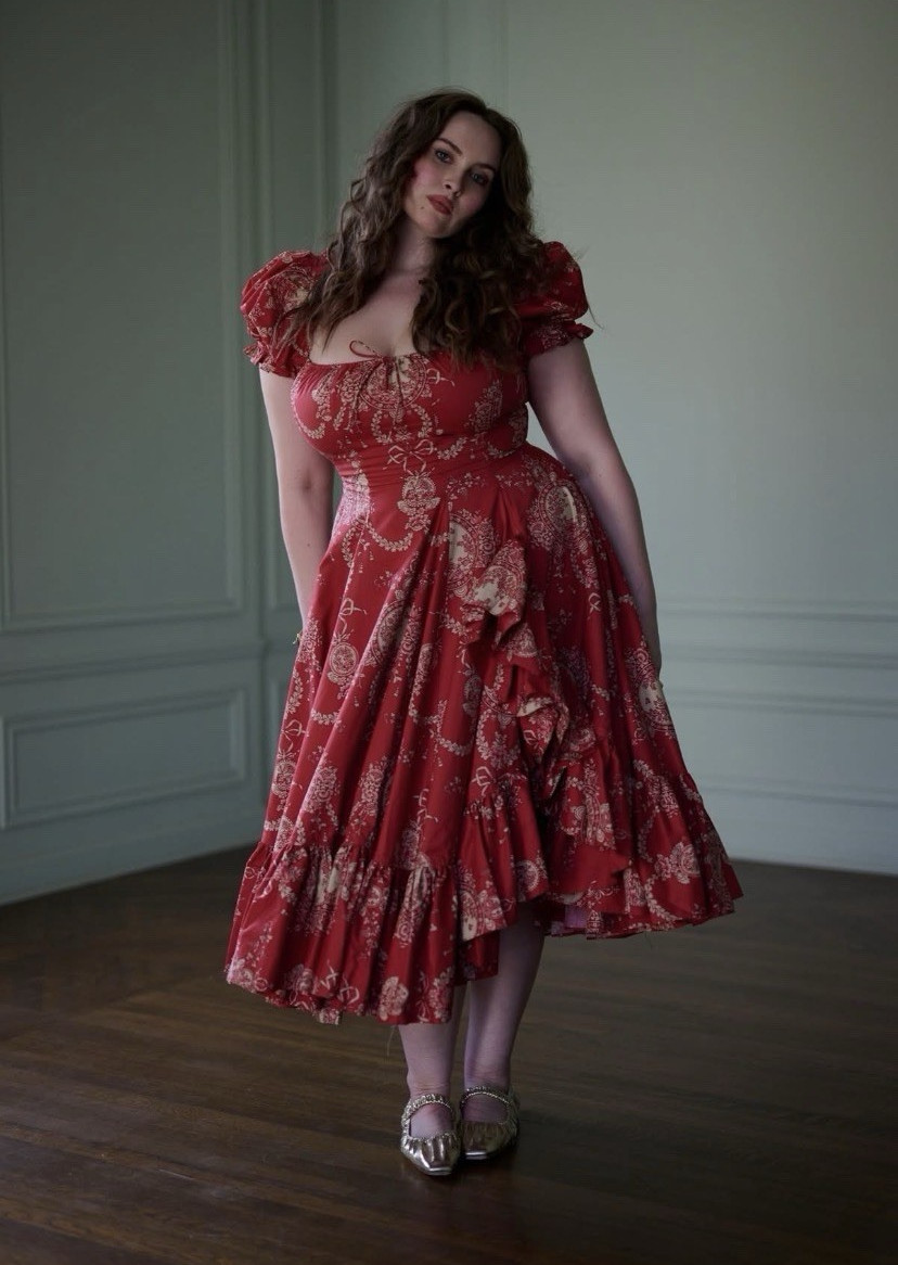 NWT Selkie Ornament Foxglove Red/Beige Floral Midi Dress XL Backless Puff