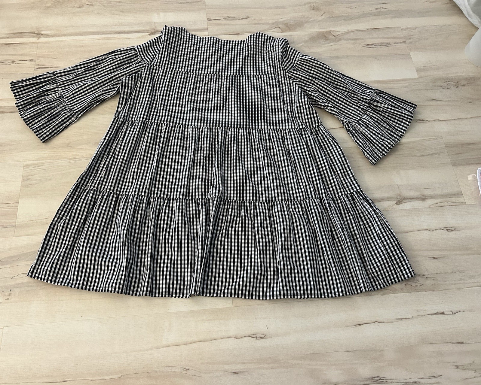 JIAN RUYI Black White Gingham Tiered Swing Dress Bell Sleeve Sz XL Cottagecore