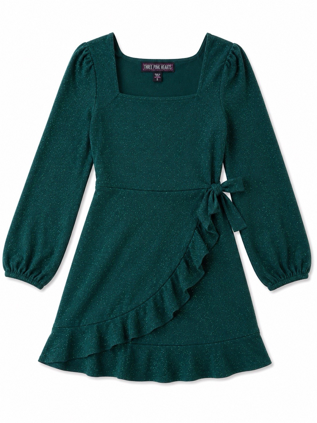 Three Pink Hearts Juniors Small Green Shimmer Ruffle Tie Waist Party Dress
