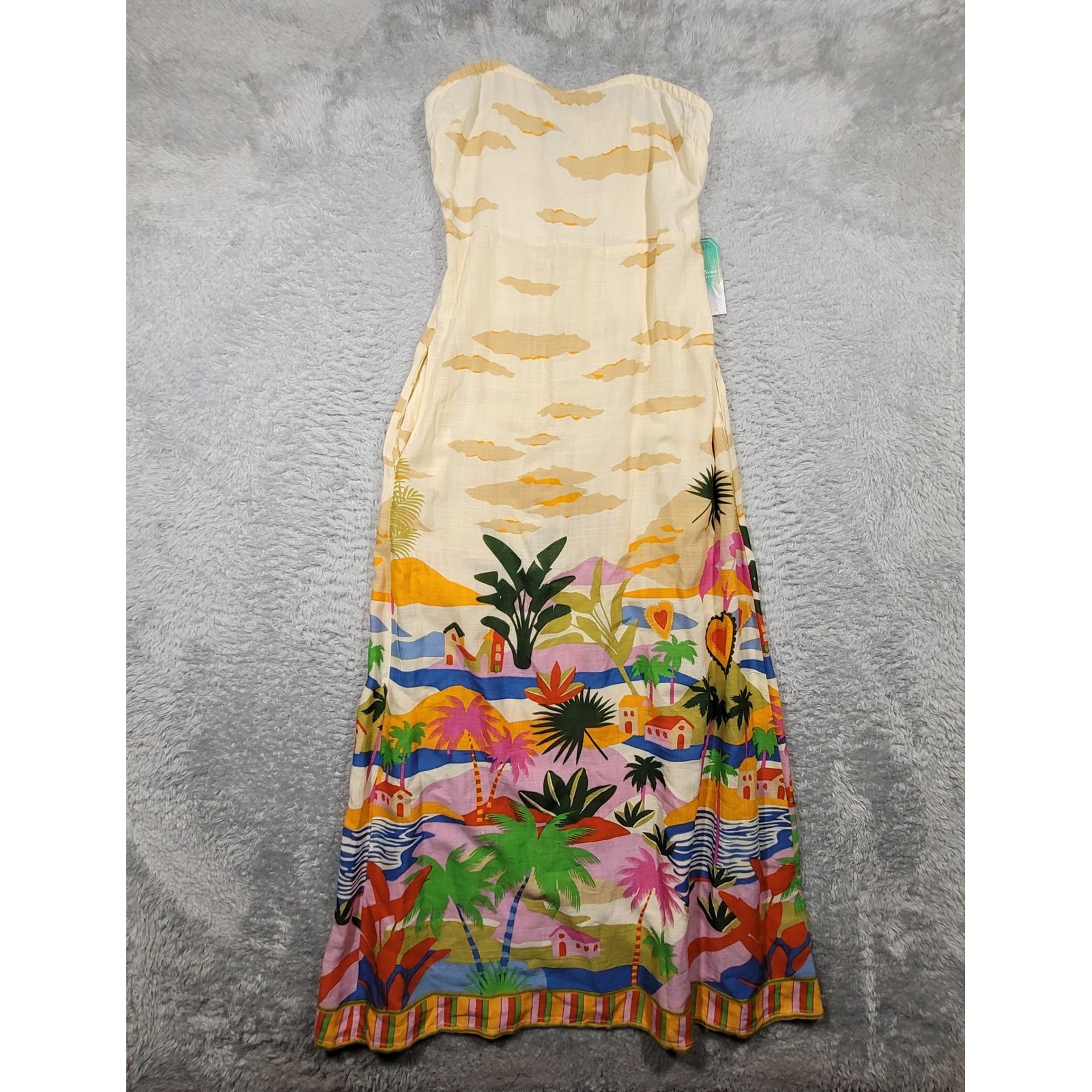 True Destinations Palm Scenic Strapless Maxi Dress Small Tropical Print Thin