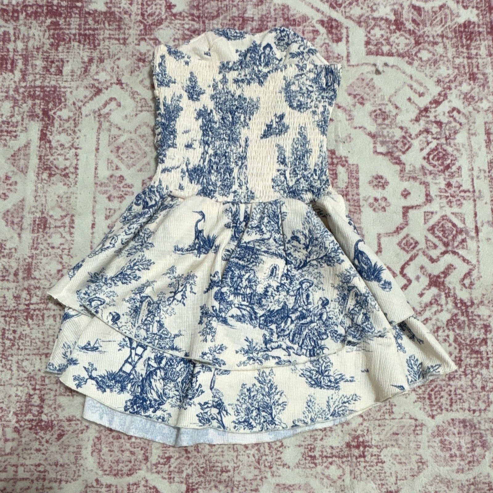 Strapless Layered Fit & Flare Mini Dress White/Blue Toile, Women’s S