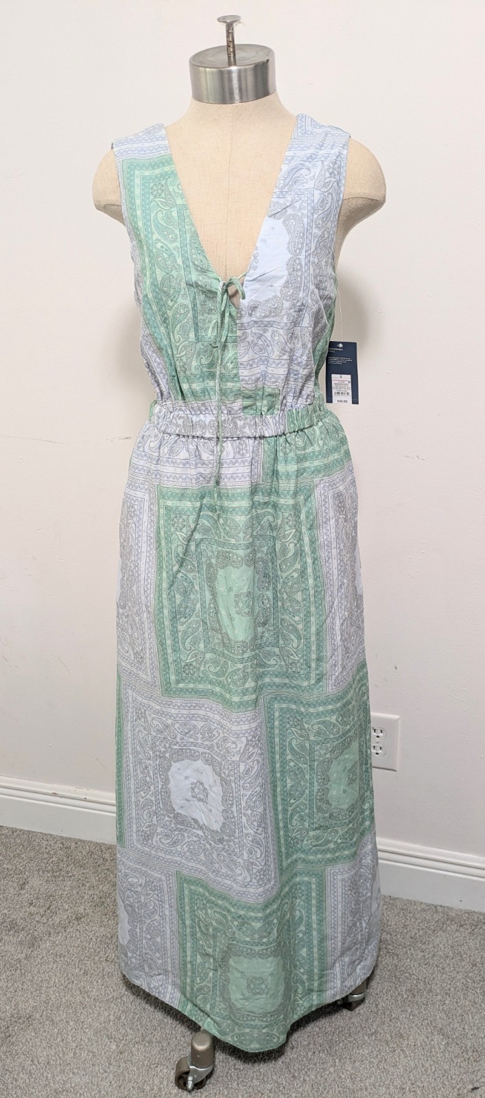 Universal Thread Tie-Front Maxi Dress Green Blue Paisley Sz M Vacation Resort