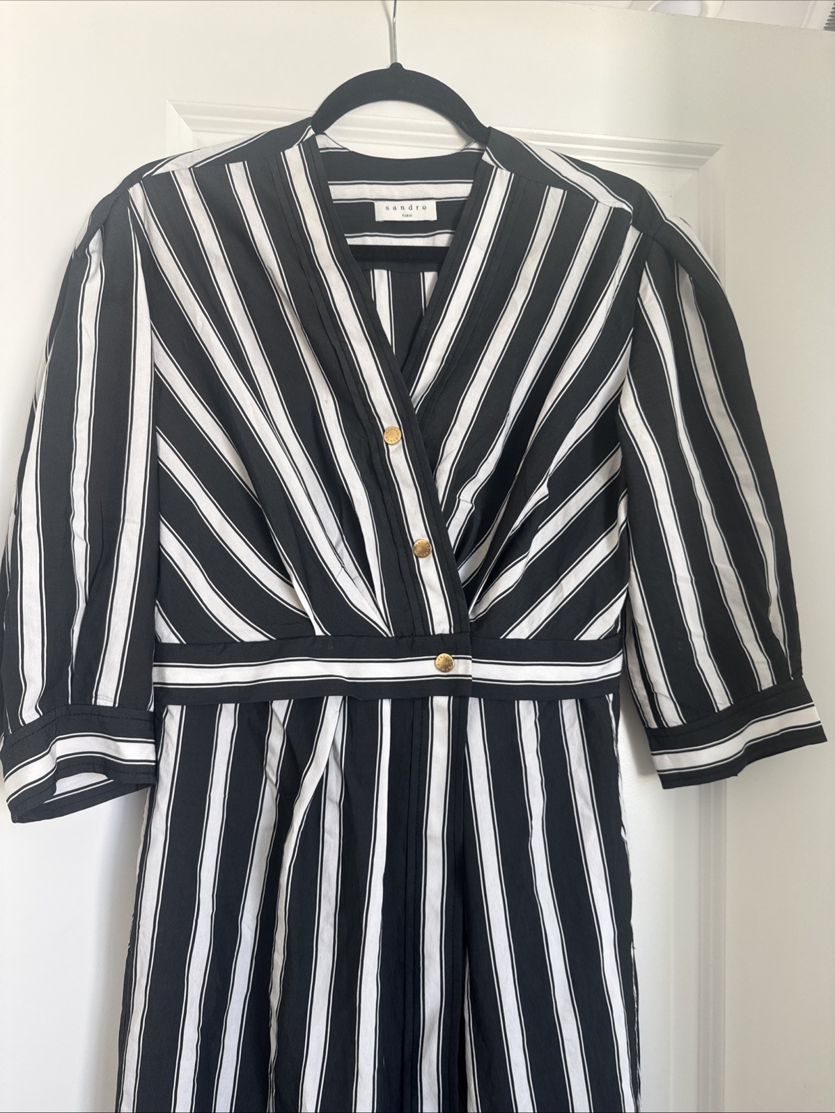 Sandro Carl Striped Midi Wrap Dress In Black White Size 38EU