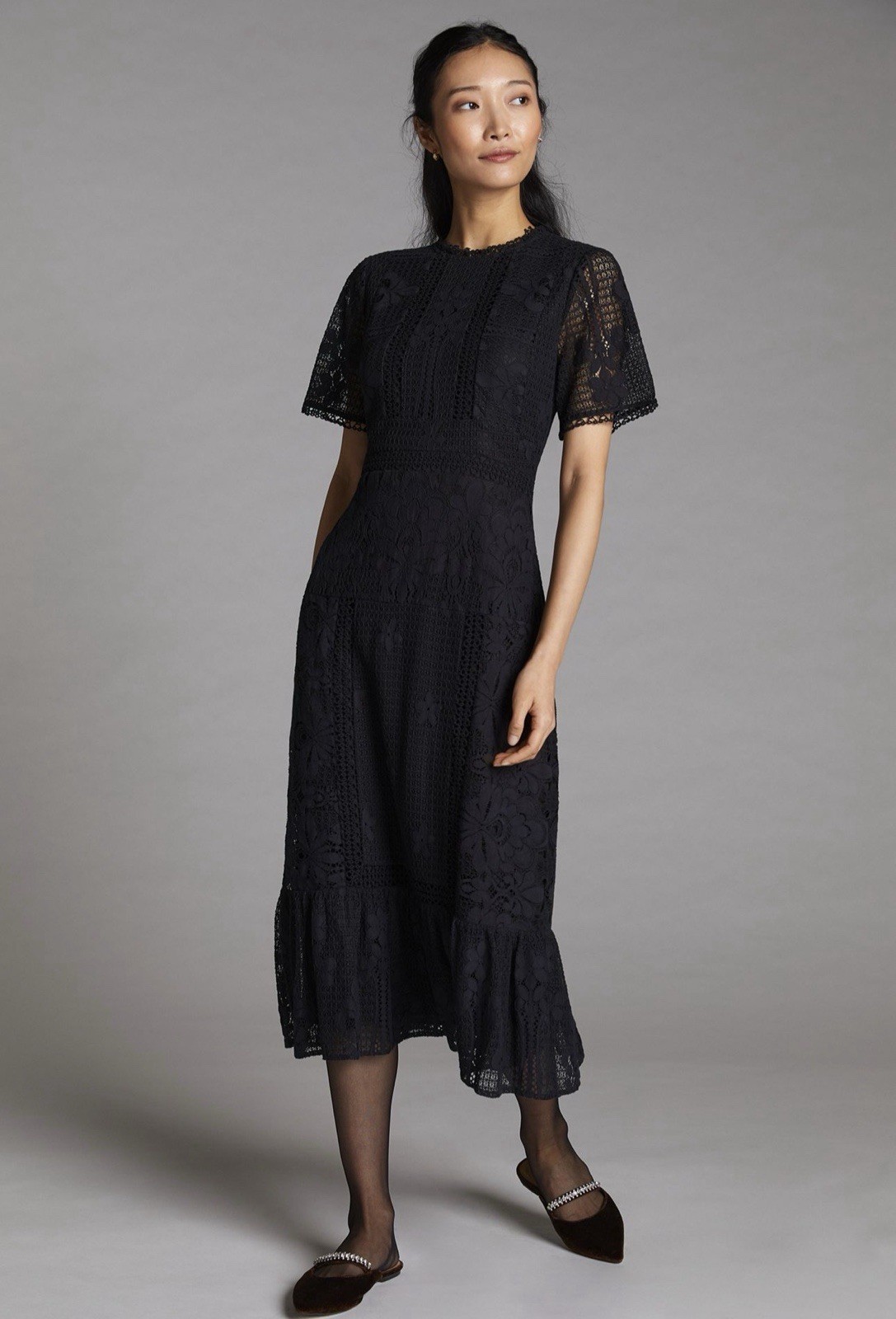 ANTHROPOLOGIE Black FOREVER THAT GIRL Slim Lace Midi Dress Sz XXS