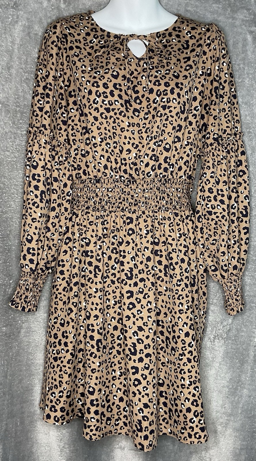 Betsey’s Boutique Shop Leopard Print Womens Small Brown Black Dress Boho Smocked