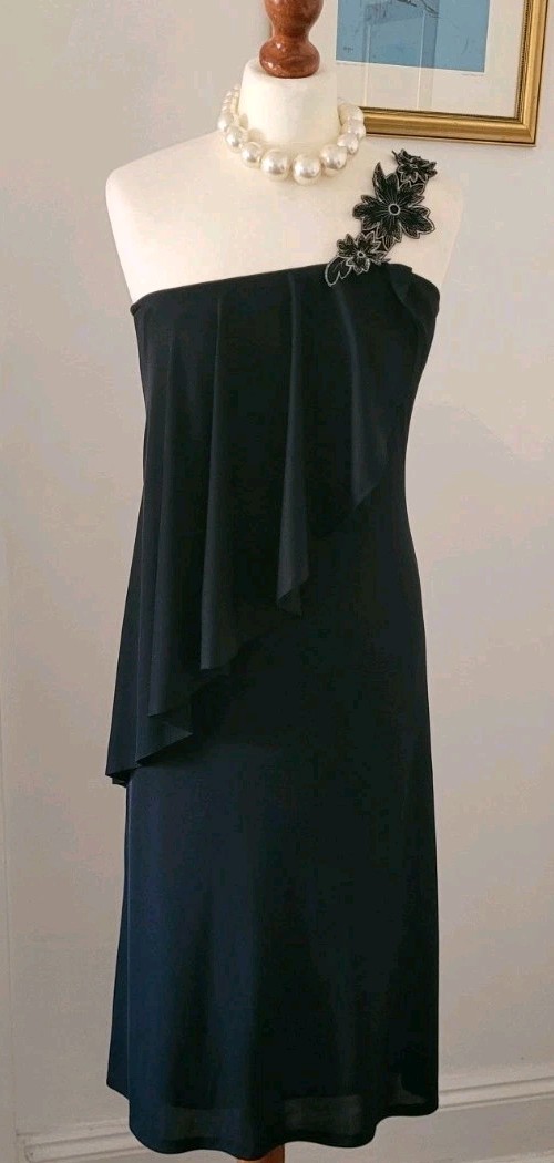 CLAUDIE AMOS Vintage Black One Shoulder Floral Applique Dress UK8 Made In UK