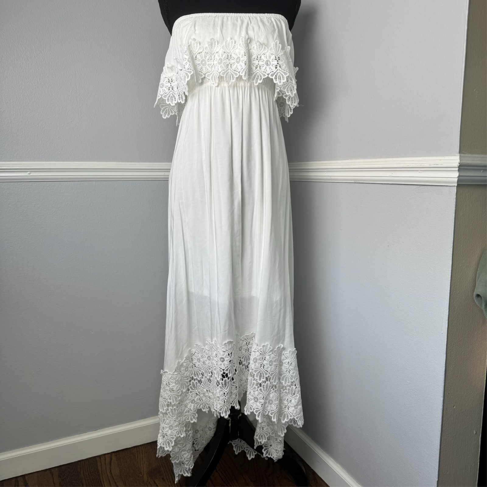 Bohemian S White Off Shoulder Ruffle Crochet Lace Trim Boho Maxi Dress Wedding