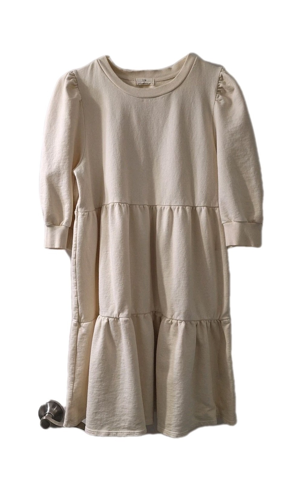 T.la Anthropologie Savannah Puffed Sleeves Sweatshirt Dress L Tiered Cream Mini