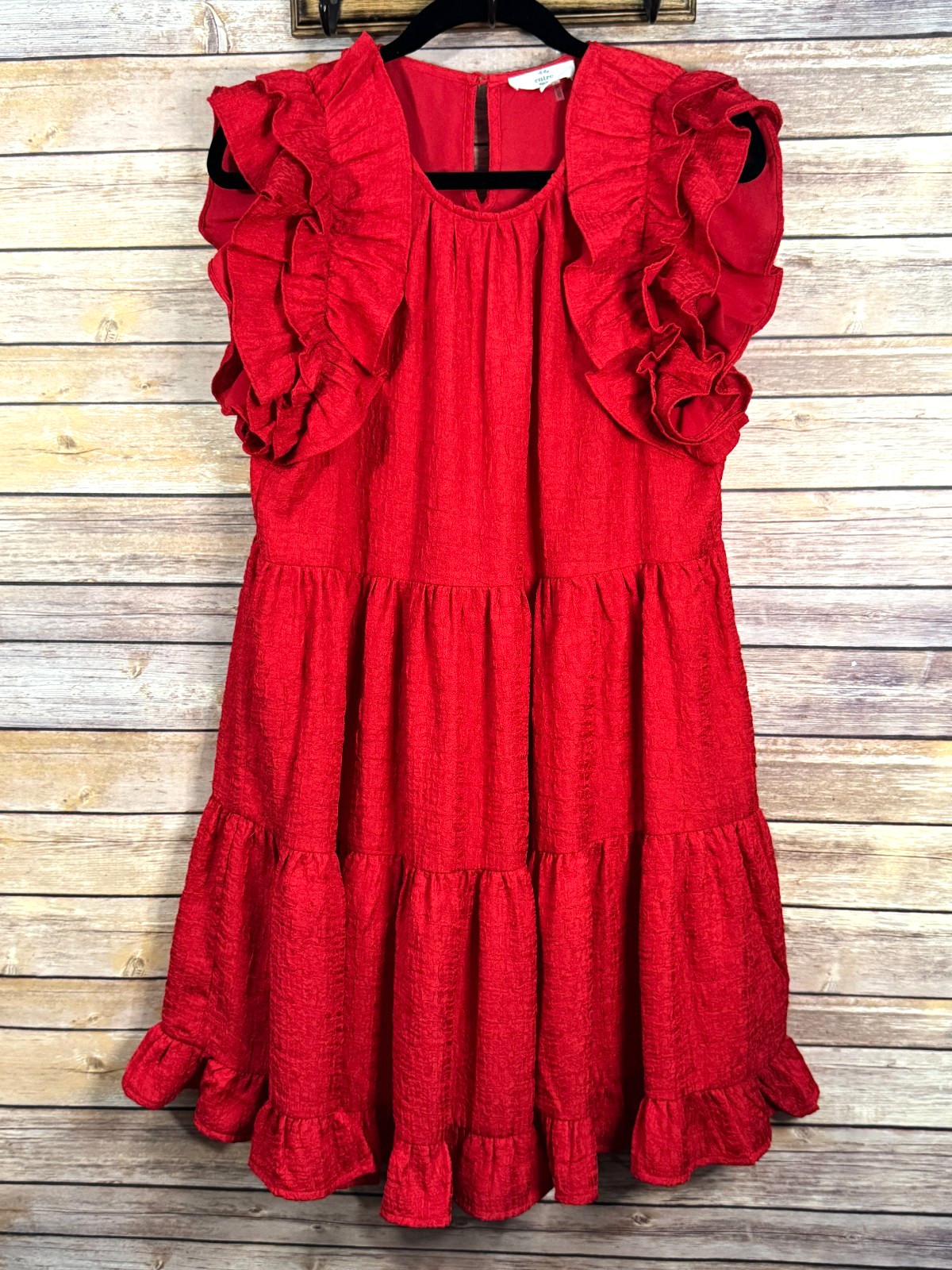 Entro Womens Red Crinkled Fluitter Sleeve Ruffled Hem Tiered Short Dress L