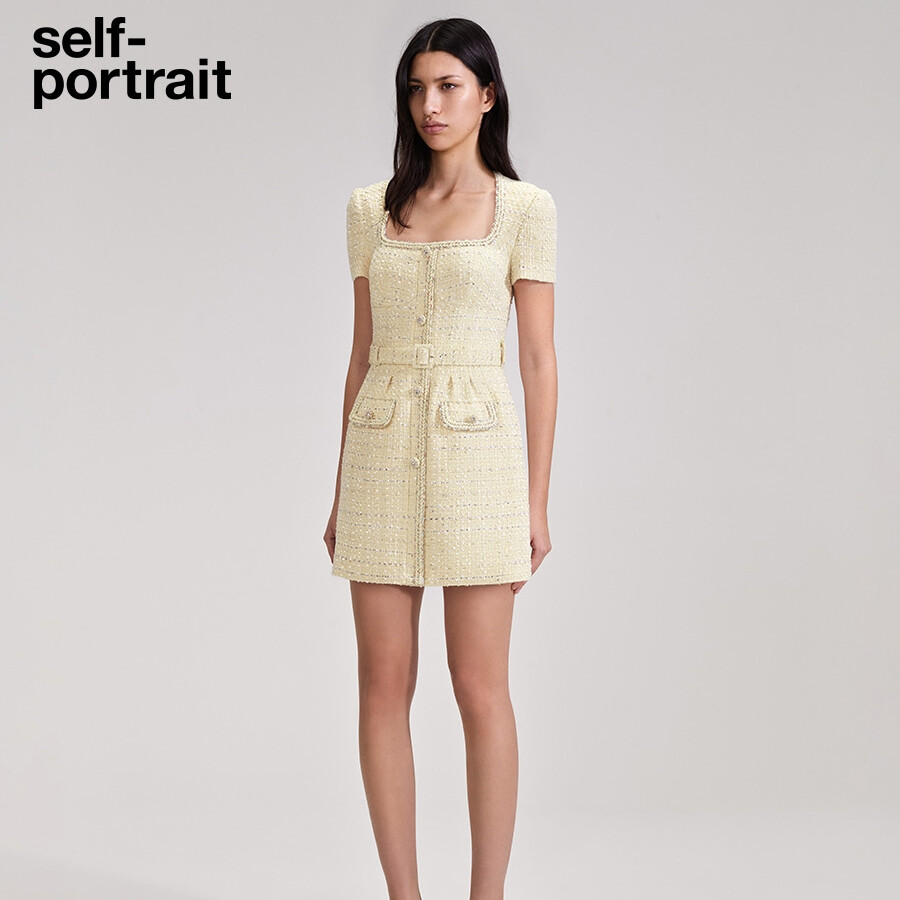 Self-Portrait Women’s Cream Yellow Square Neck Short Sleeved A-Line Short Dress