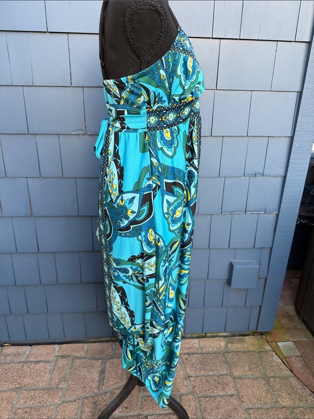 Snap Turquoise and Black Printed Maxi Dress medium 70’s style blue retro