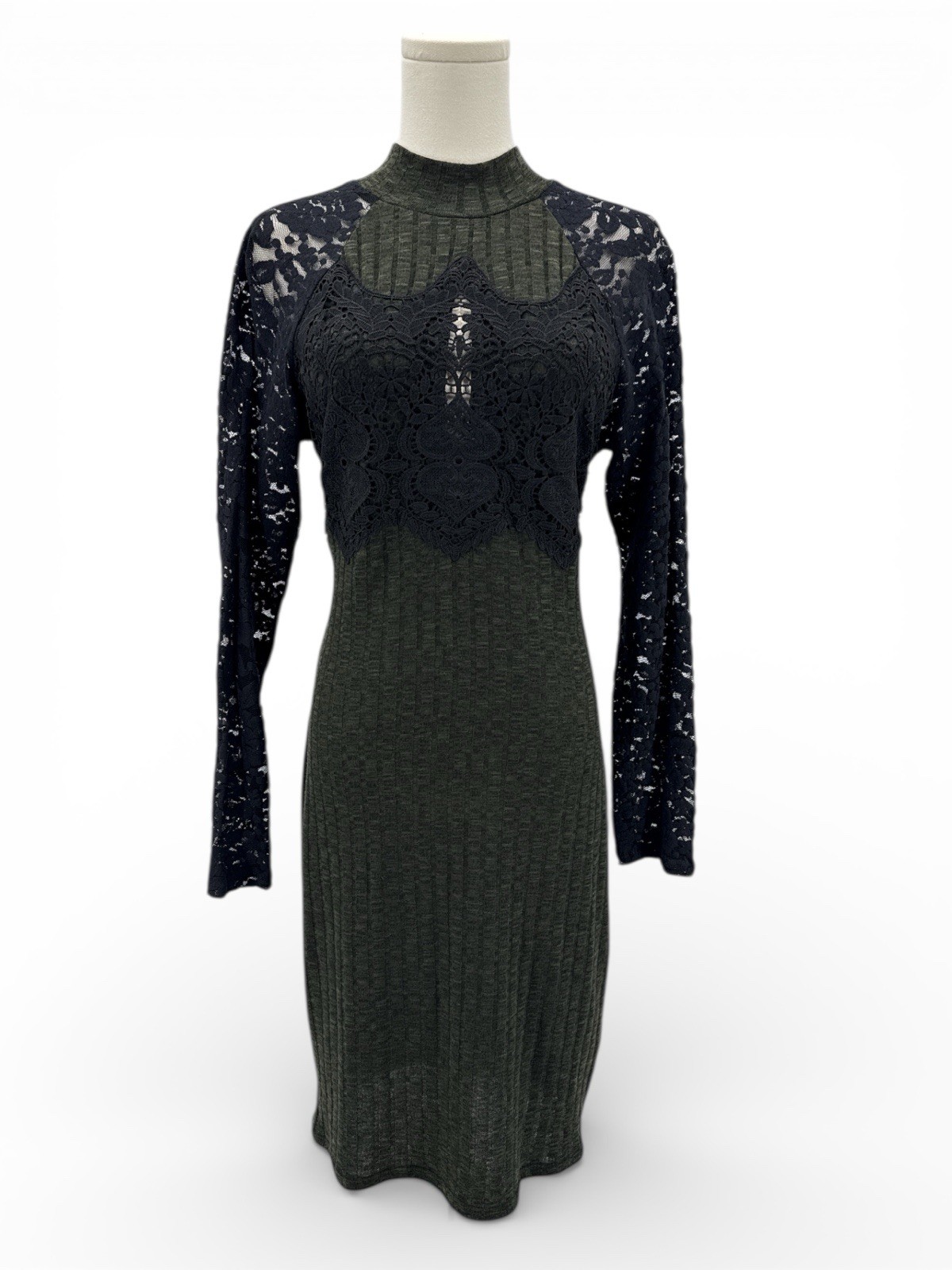VENUS Bodycon Sweater Dress Womens M Olive Black Lace Sleeve Mock Neck Stretch