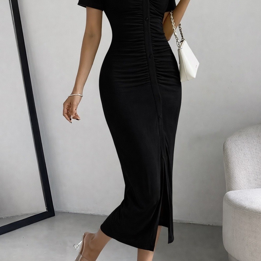Black Ruched Semi-Sheer Button-Front Midi Dress – Women’s