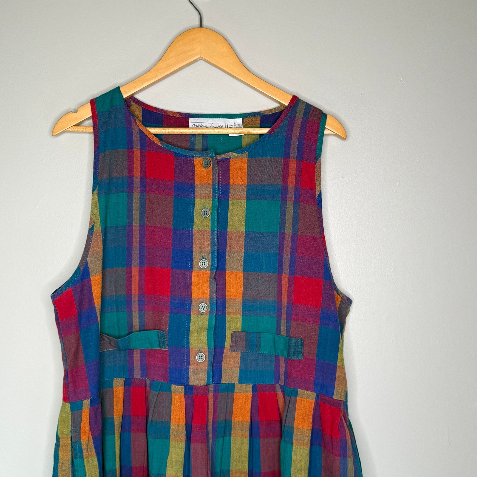 Nouveau Faces L Vintage Plaid Button Front Sleeveless Maxi Dress with Pockets