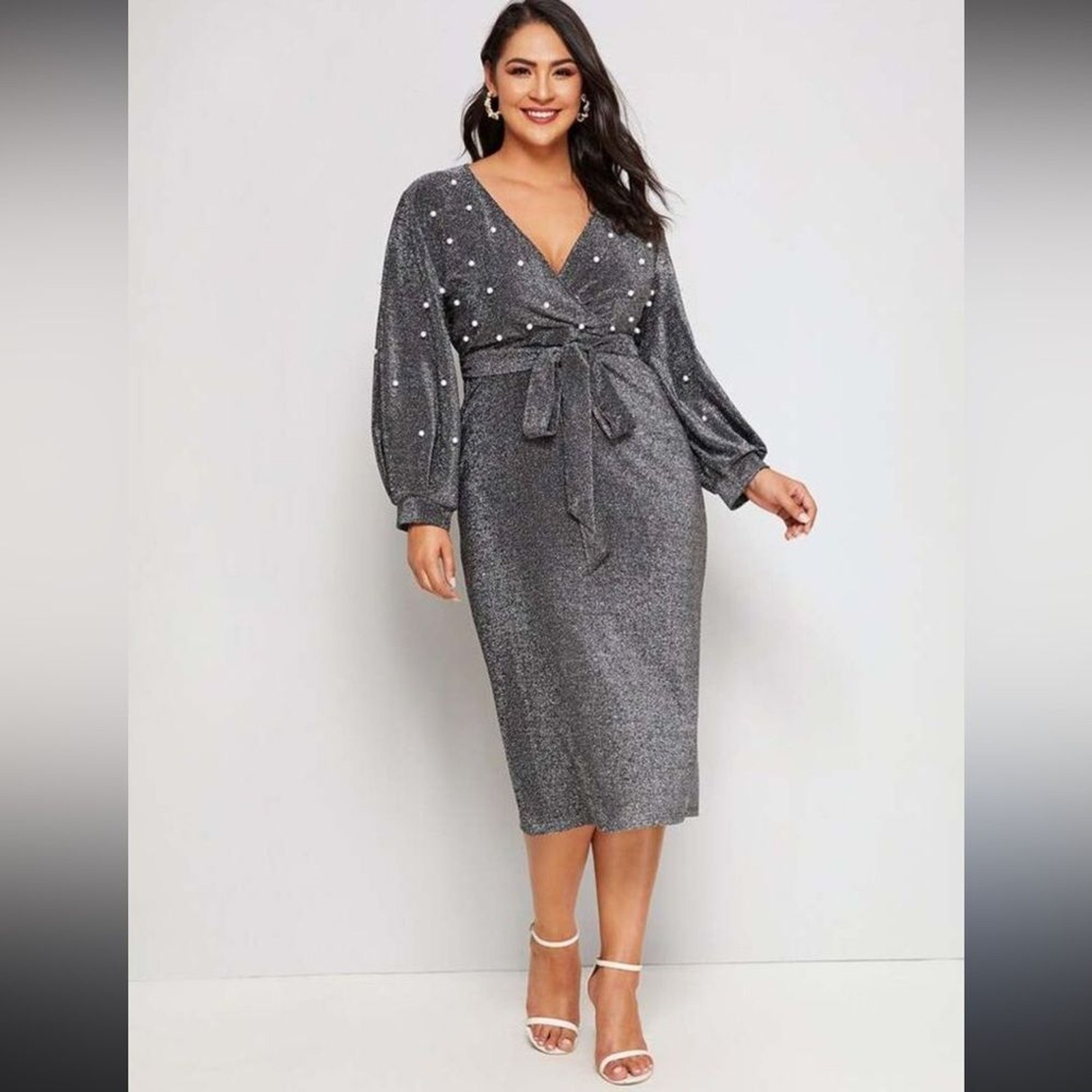 Plus Metallic Silver Pearl Embellished Belted Midi Dress with Lantern Sleeves
