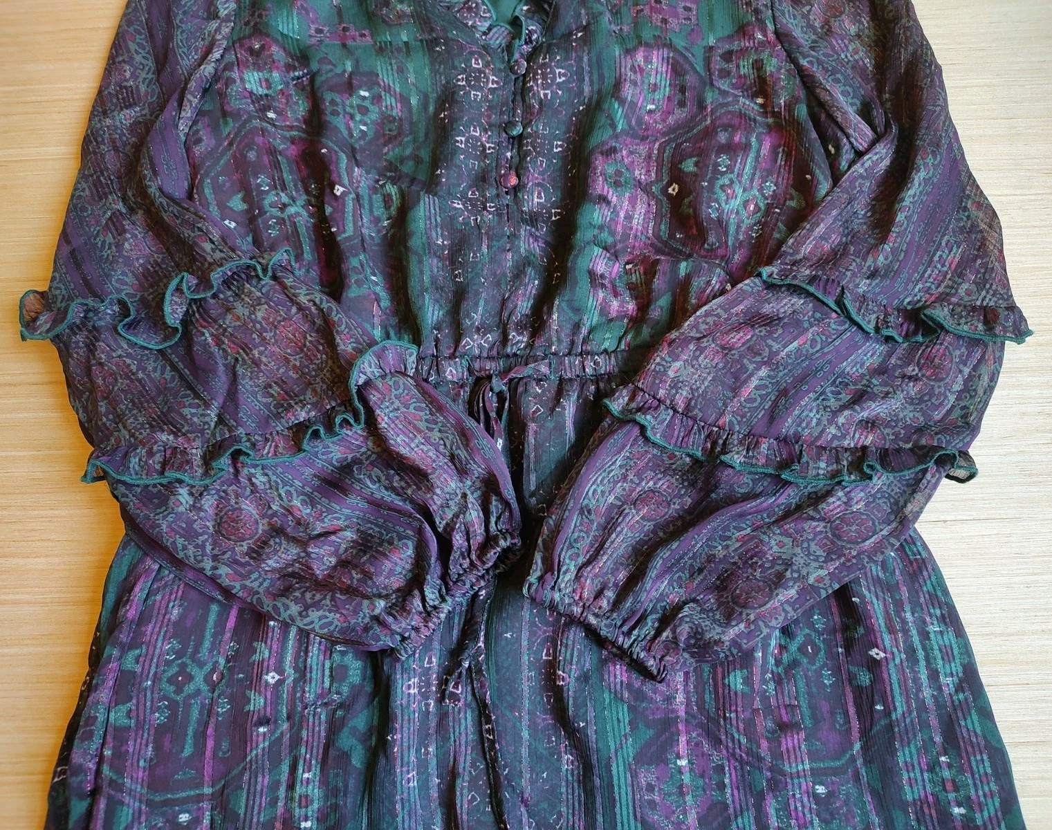 Frye Knee Length Dress Ruffle Buttons Lurex Green Purple Floral Size M Women’s