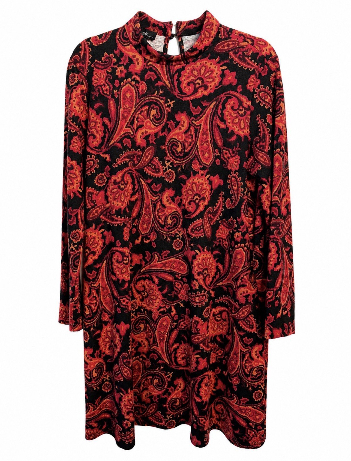 AGB Size L Black/Red Paisley Mock Neck Keyhole Long Sleeve Shift Dress