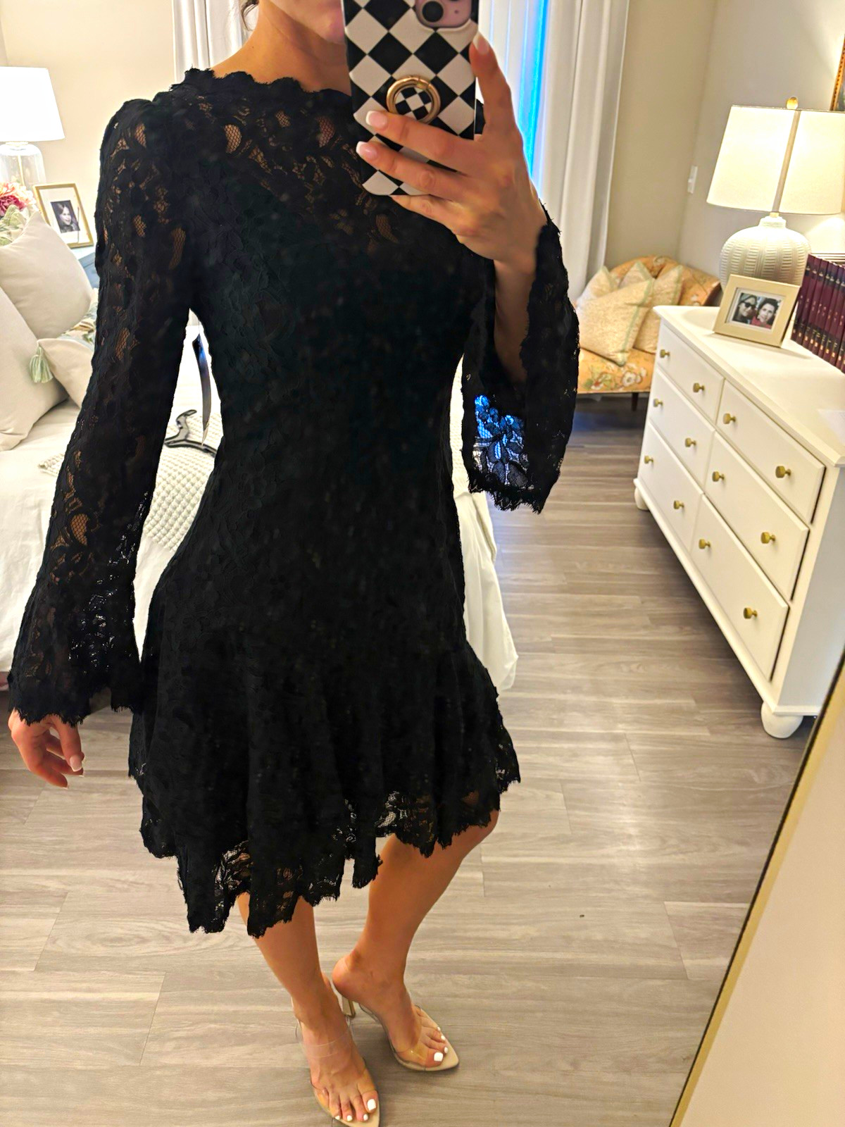 Shani Black Floral Lace Fit & Flare Knee Dress Bell Sleeve Round Neck 10 S-2022