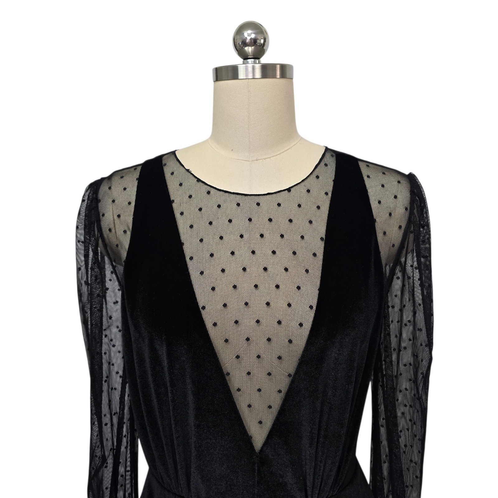 NWT PATBO Black Velvet Mesh Polka Dot Deep V Neck Ruched Mini Dress Size 8
