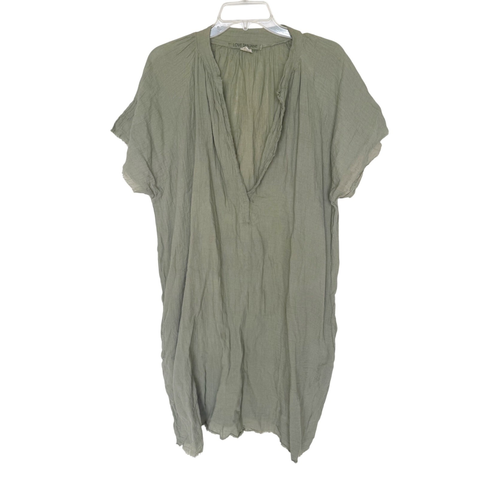 Love Tanjane Green Cotton Dress Short Sleeves V-Neck Pockets Bohemian