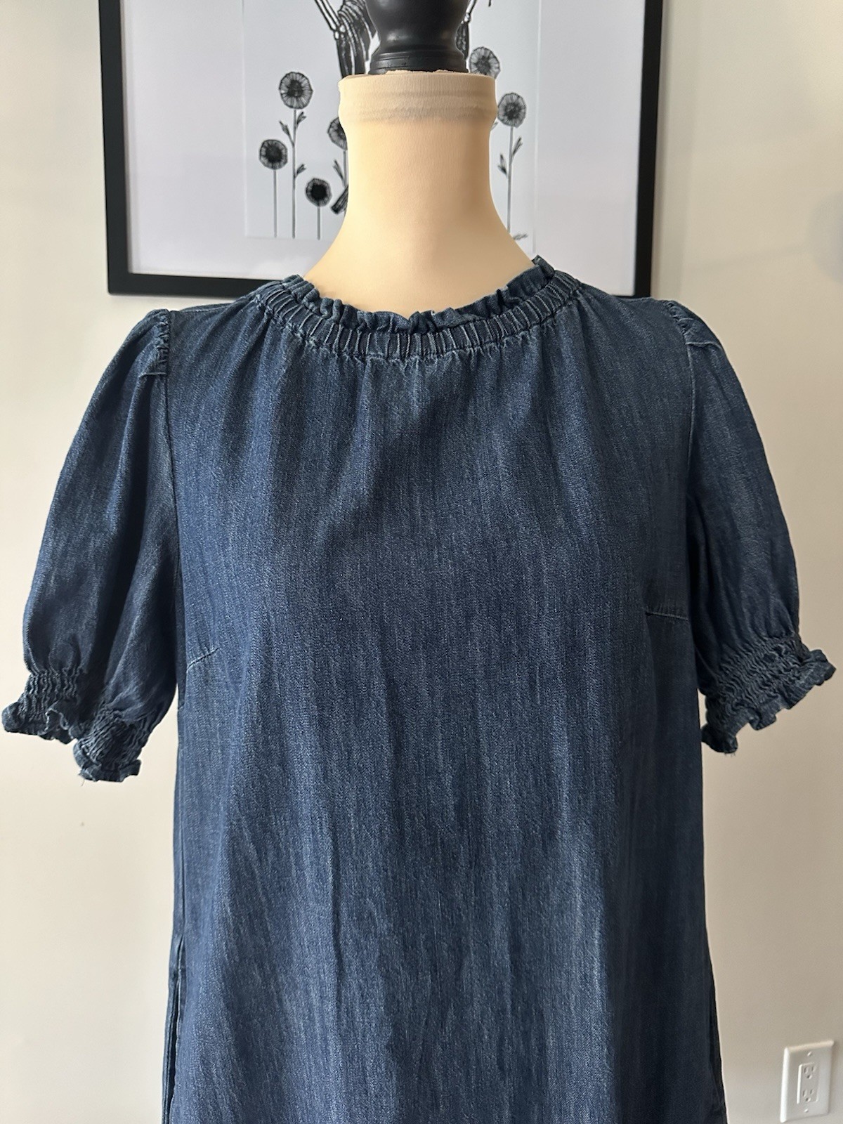 Free Assembly Blue Solid Denim Shift Dress Round Neck Puff Sleeve Pockets XS