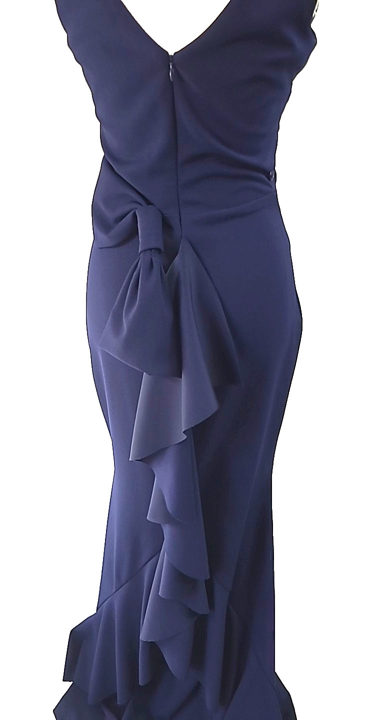 Betsy & Adam Maxi Formal Gown Sz 6 Back Bow Full Length Back Ruffle Slight Train