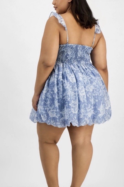 Plus Size Blue White Floral Square Neck Smocked Ruffle Sleeveless Sundress