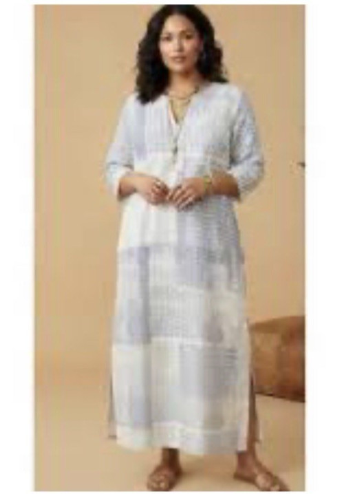 Poetry Dress 10 Tencel Linen Patchwork Print Tunic Blue White Aline Maxi Long