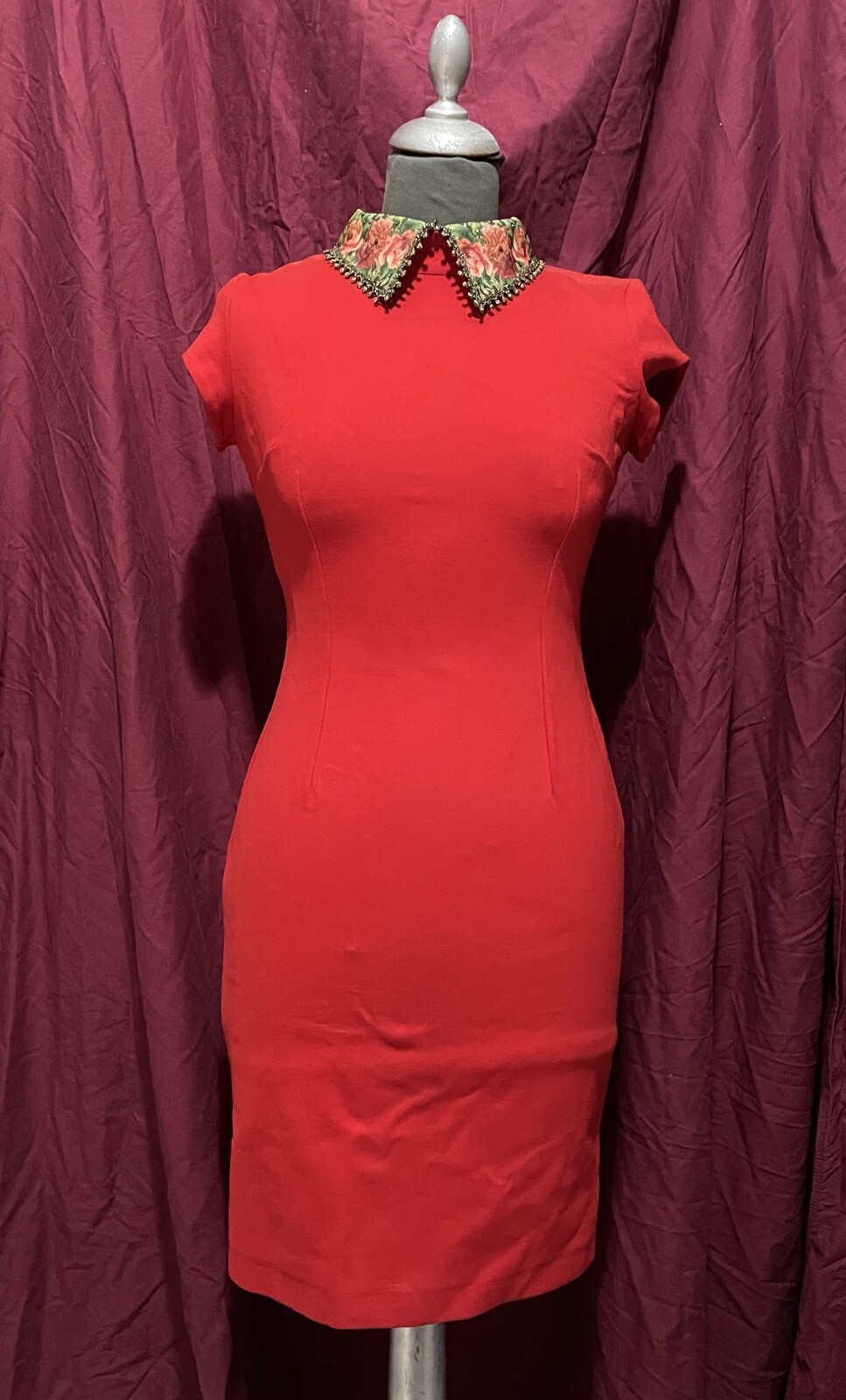 Dress Michal Negrin Red Collar with flowers very rare collector’s item 38 Israel