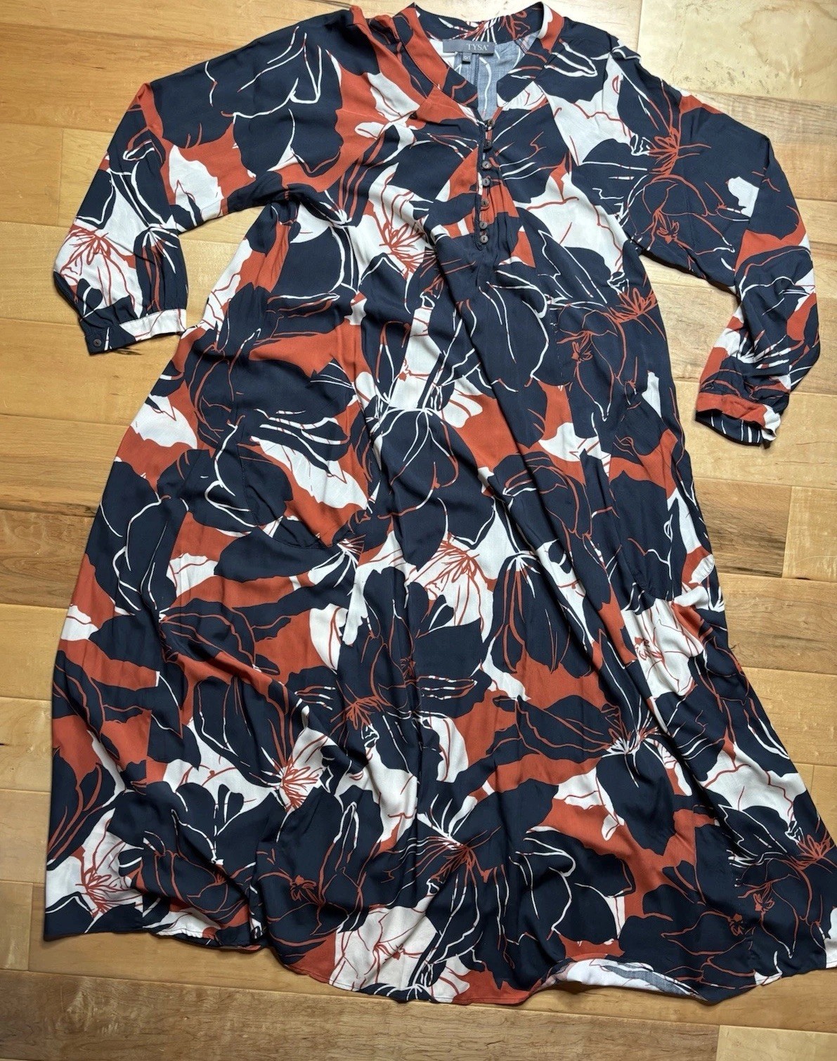 Tysa Maxi Dress Long Sleeve Flowy Bold Pattern Fall Colors 0/1 Casual Elegance