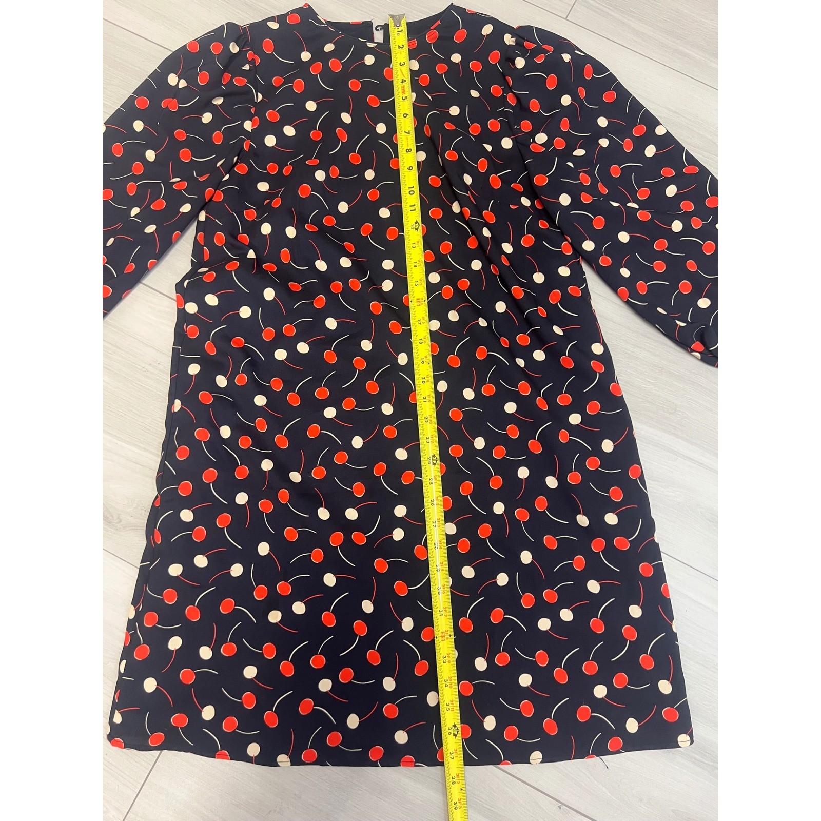 Retro Ann Taylor Cherry Dress Shift Long Sleeve Navy Red Sz L Office Academia