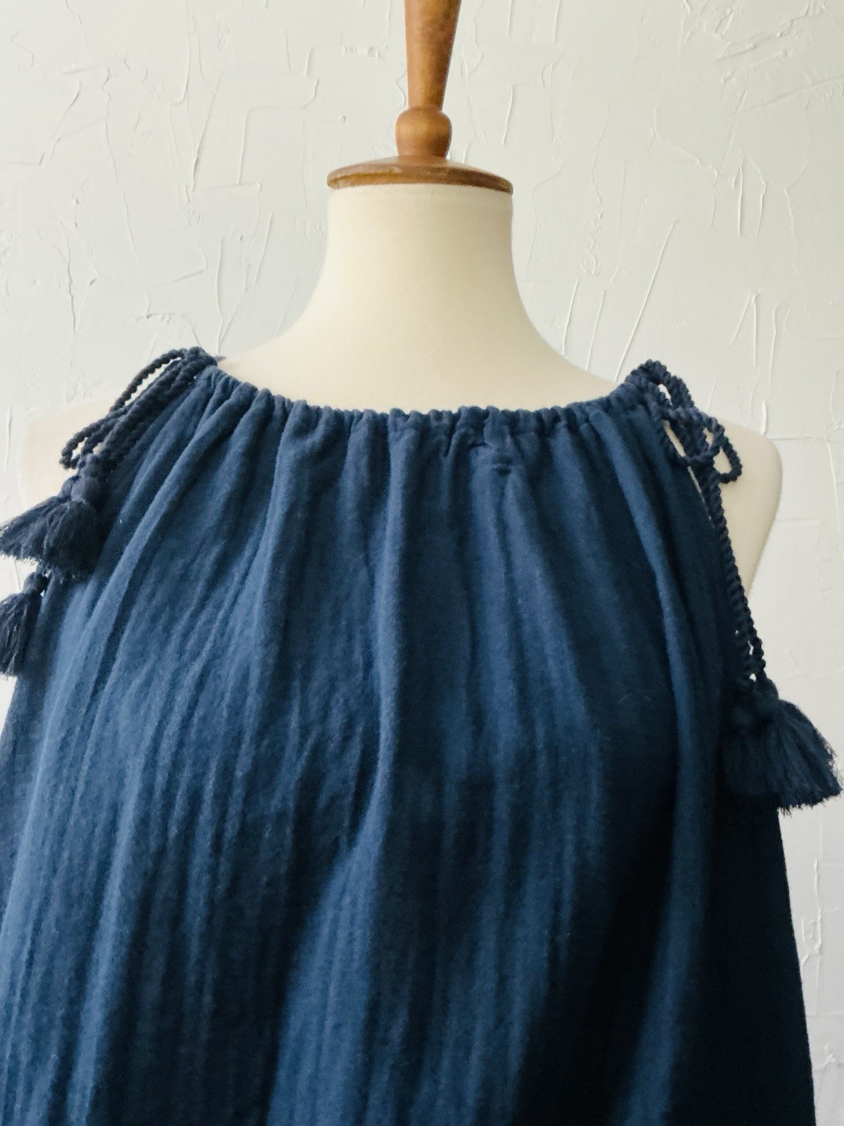 Time & Tru Sun/Tent Dress Maxi Drawstring Slit Cotton Tassels M(8-10) Navy Blue