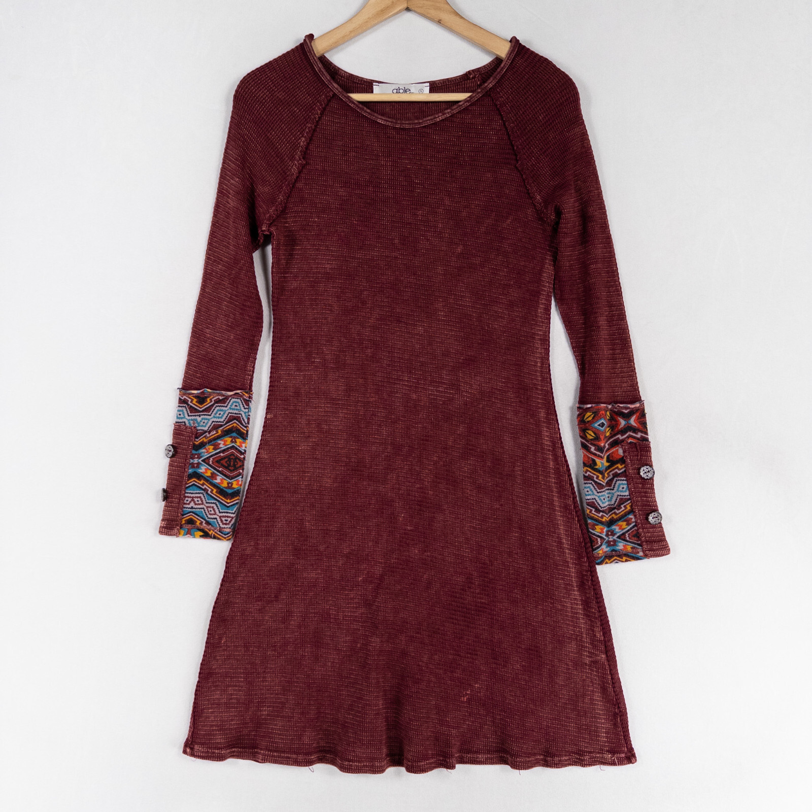 Able Dress Womens Sz Small Dark Red Burgundy Texture Knit Geometric Button Cuffs