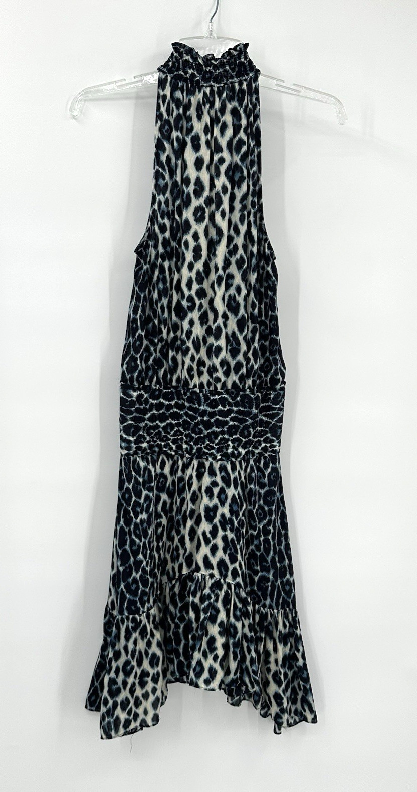 ALC CODY DRESS cream blue 2 leopard print halter cutout 100% silk midi sundress