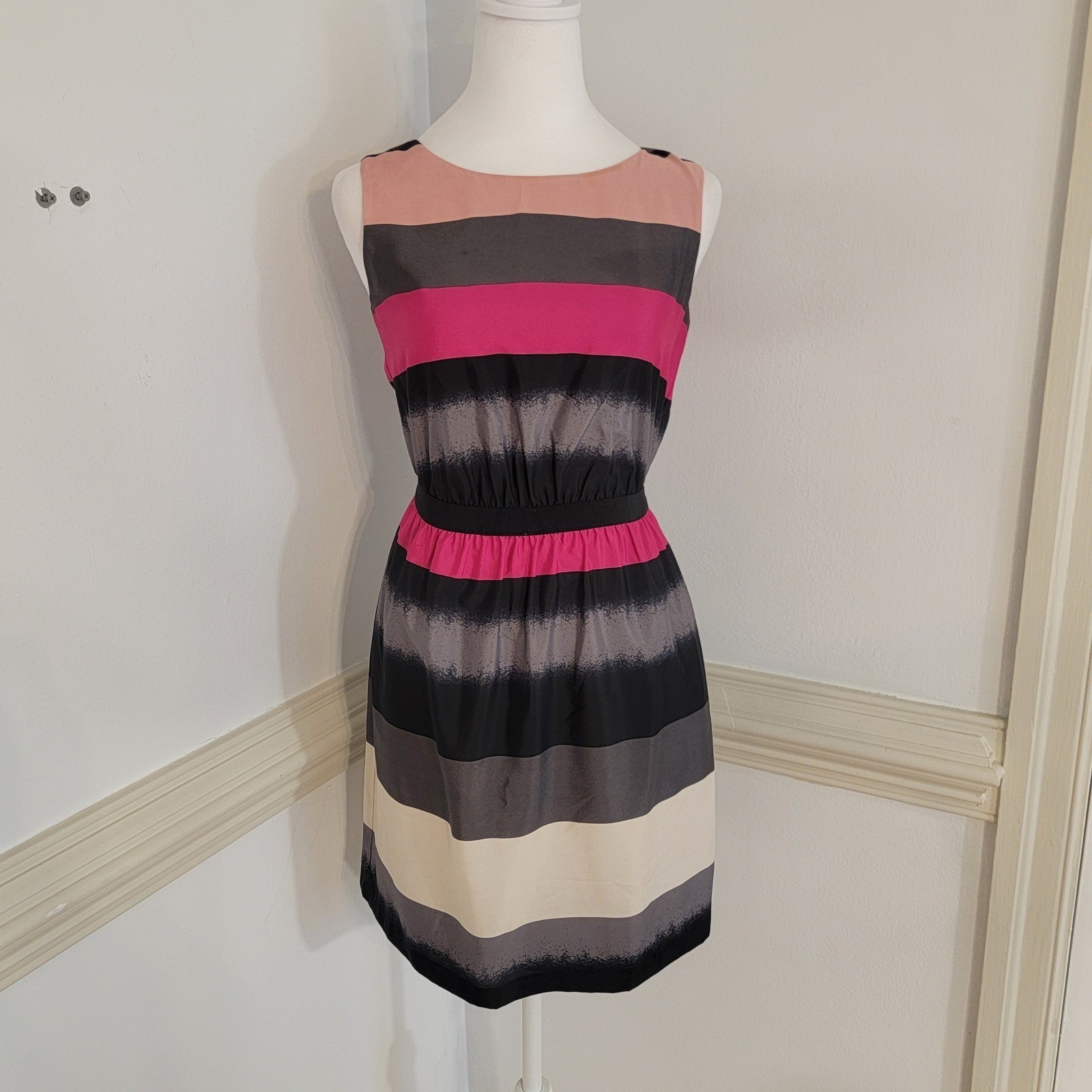 LOFT Sleeveless Fit & Flare Stripe Dress Pink Gray Black Colorblock XXS Petite