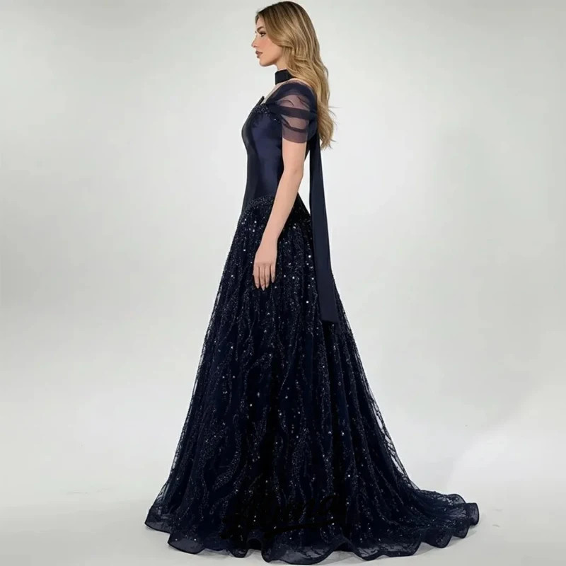 Navy Blue Sequins Floor-Length Evening Dress Off The Shoulder Luxury Prom Gowns