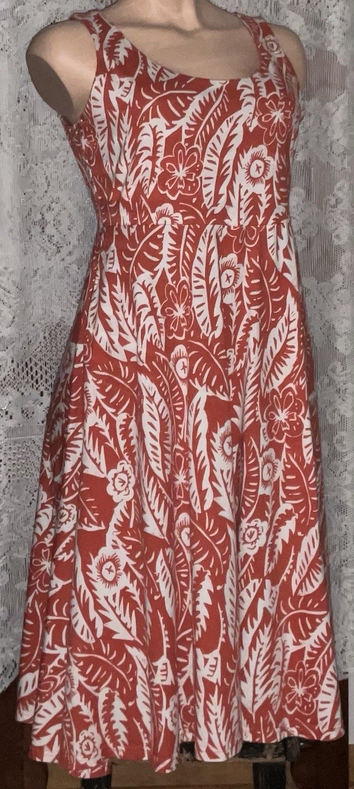 Chaps Petite XL Rust Ivory Tropical Midi Dress Cotton Knit Fit & Flare Pockets