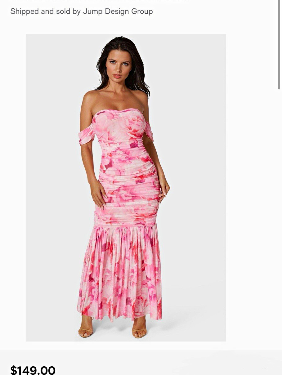 bebe Women’s Off Shoulder Ruched Mesh Floral Maxi Dress Light Pink Long
