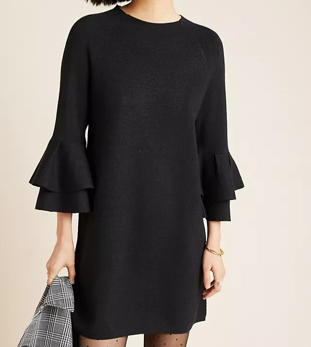 Anthropologie Claudette Ruffled Sweater Dress Size Small Black Metallic Tunic